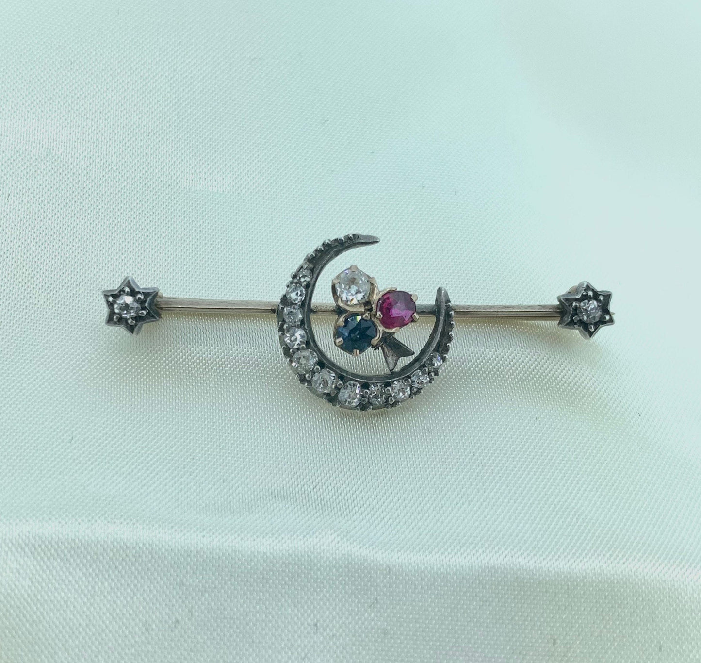 Antique Diamond, Ruby and Sapphire Closed Crescent Moon Brooch. Gold and Silver Set Victorian Brooch. Old European Cut Diamonds.