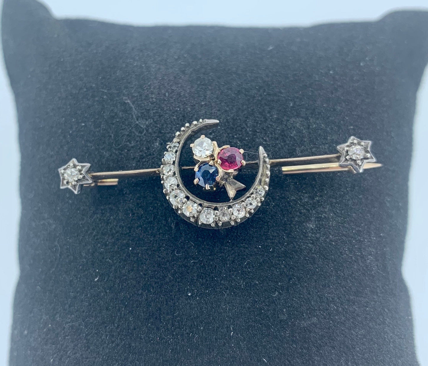 Antique Diamond, Ruby and Sapphire Closed Crescent Moon Brooch. Gold and Silver Set Victorian Brooch. Old European Cut Diamonds.