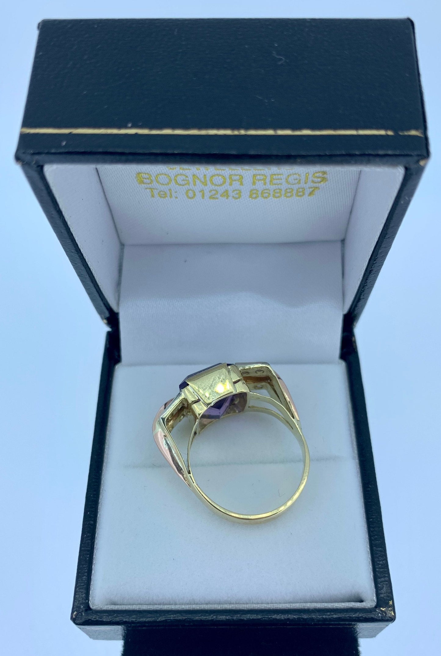 1950's Art Deco Cocktail Ring. 18ct Yellow & Rose Gold Natural Amethyst and Diamond Ring.
