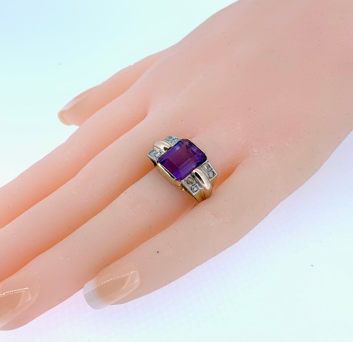 1950's Art Deco Cocktail Ring. 18ct Yellow & Rose Gold Natural Amethyst and Diamond Ring.