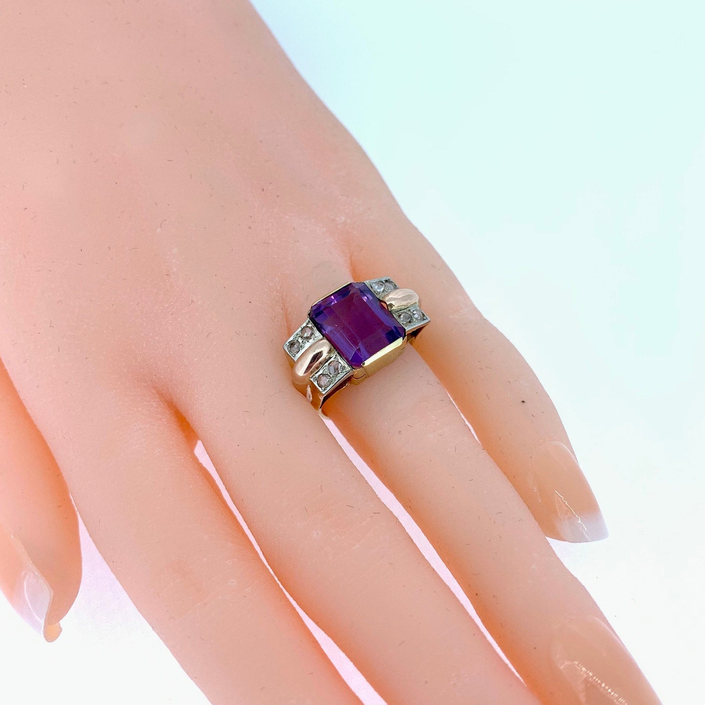 1950's Art Deco Cocktail Ring. 18ct Yellow & Rose Gold Natural Amethyst and Diamond Ring.
