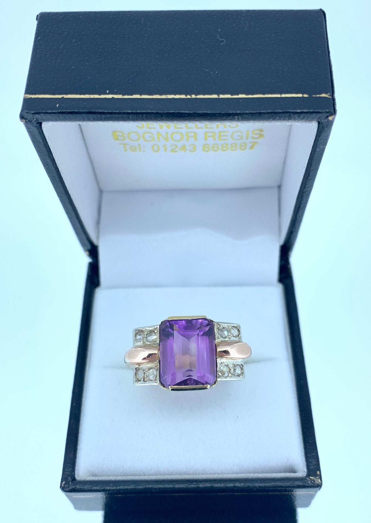 1950's Art Deco Cocktail Ring. 18ct Yellow & Rose Gold Natural Amethyst and Diamond Ring.