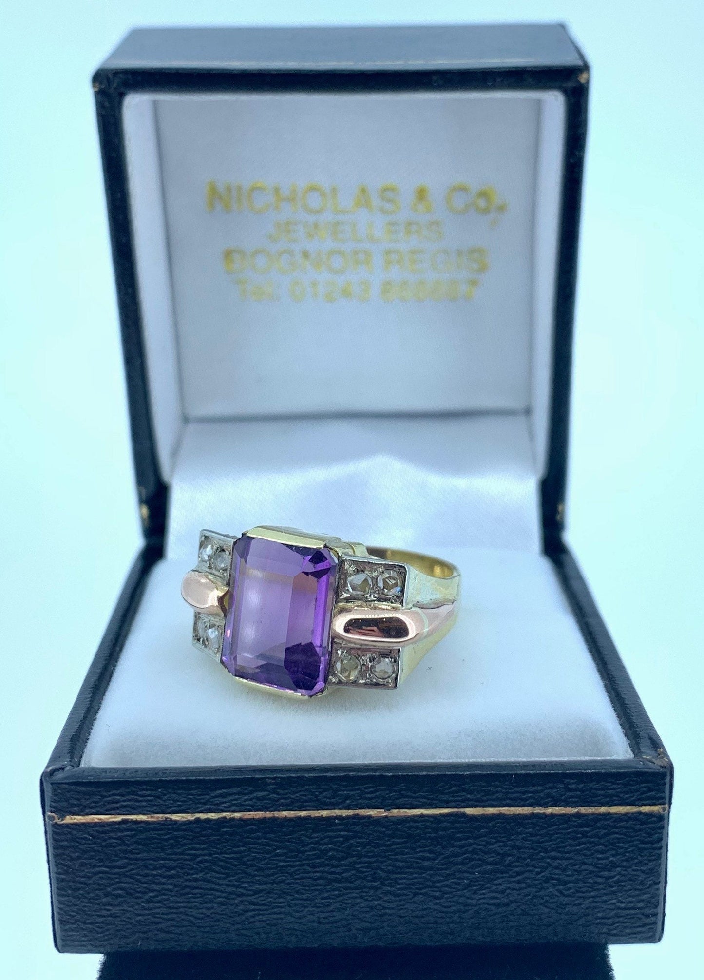 1950's Art Deco Cocktail Ring. 18ct Yellow & Rose Gold Natural Amethyst and Diamond Ring.