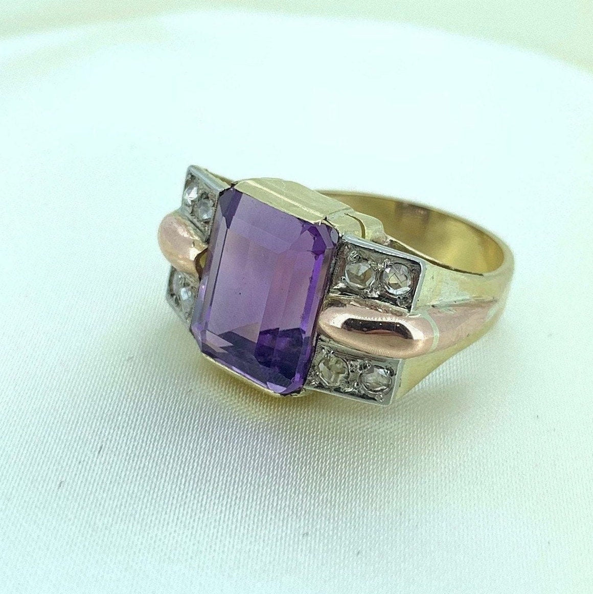 1950's Art Deco Cocktail Ring. 18ct Yellow & Rose Gold Natural Amethyst and Diamond Ring.