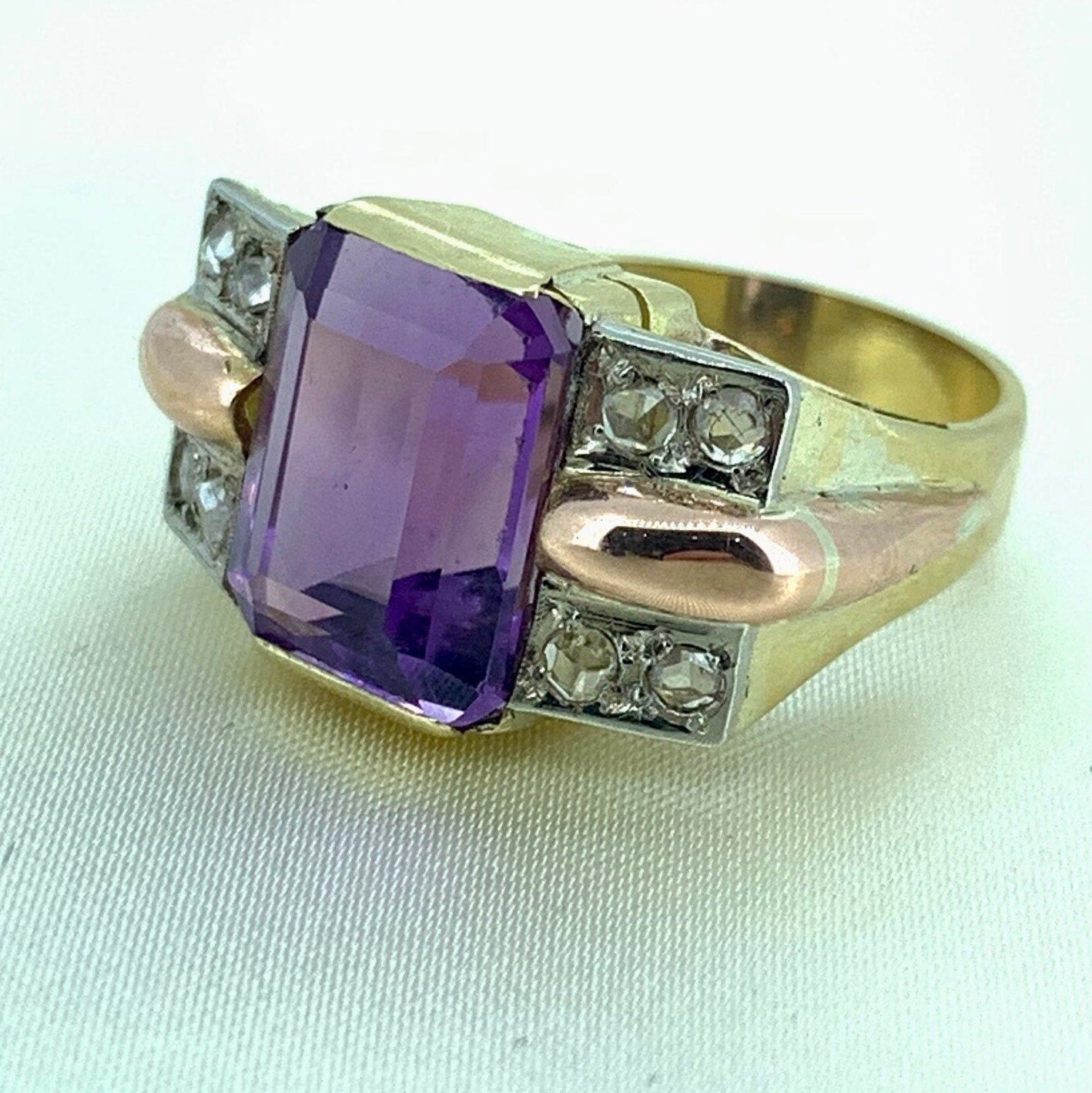 1950's Art Deco Cocktail Ring. 18ct Yellow & Rose Gold Natural Amethyst and Diamond Ring.