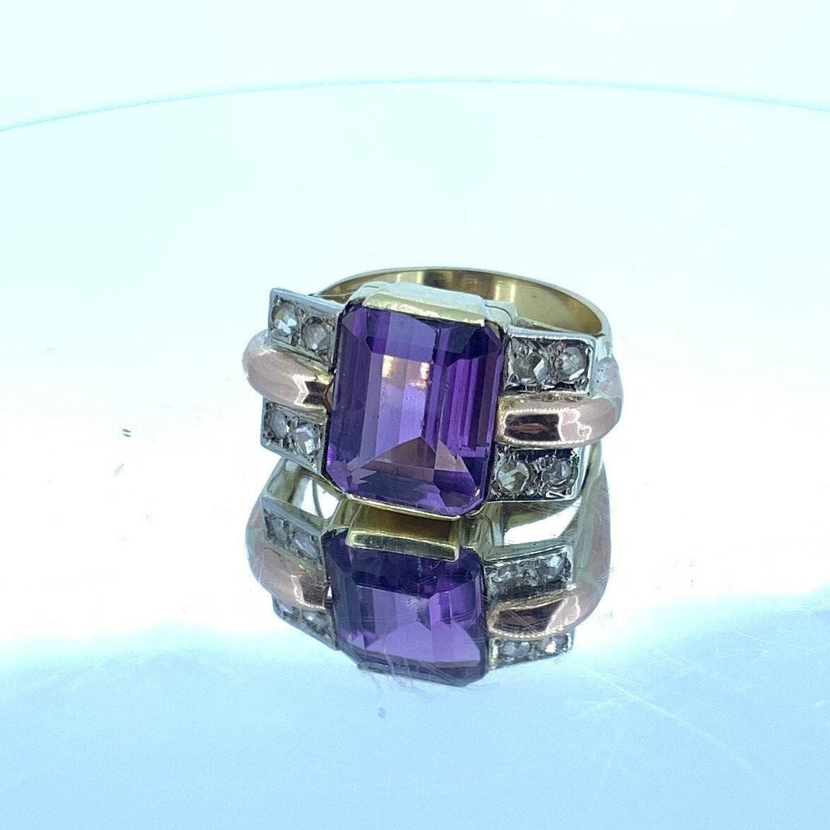 1950's Art Deco Cocktail Ring. 18ct Yellow & Rose Gold Natural Amethyst and Diamond Ring.