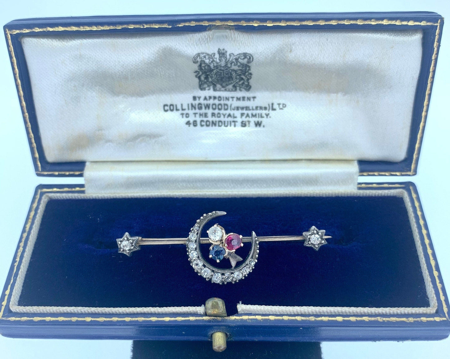 Antique Diamond, Ruby and Sapphire Closed Crescent Moon Brooch. Gold and Silver Set Victorian Brooch. Old European Cut Diamonds.