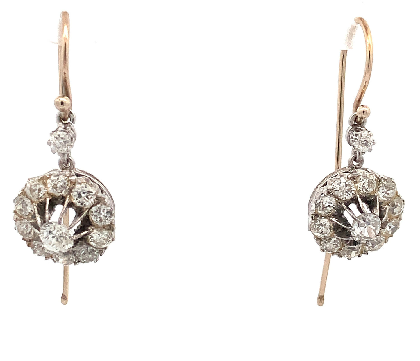 Antique 3 carat Victorian/Edwardian Old European Cut Diamond 18ct White Gold Daisy Cluster Drop Earrings.