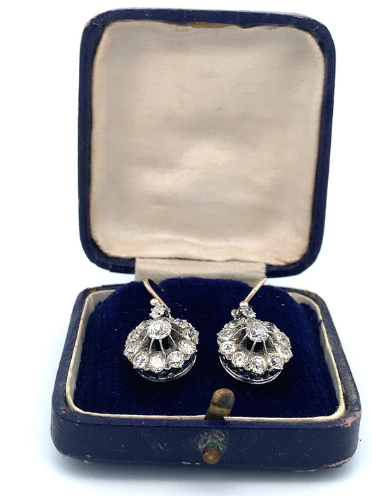 Antique 3 carat Victorian/Edwardian Old European Cut Diamond 18ct White Gold Daisy Cluster Drop Earrings.