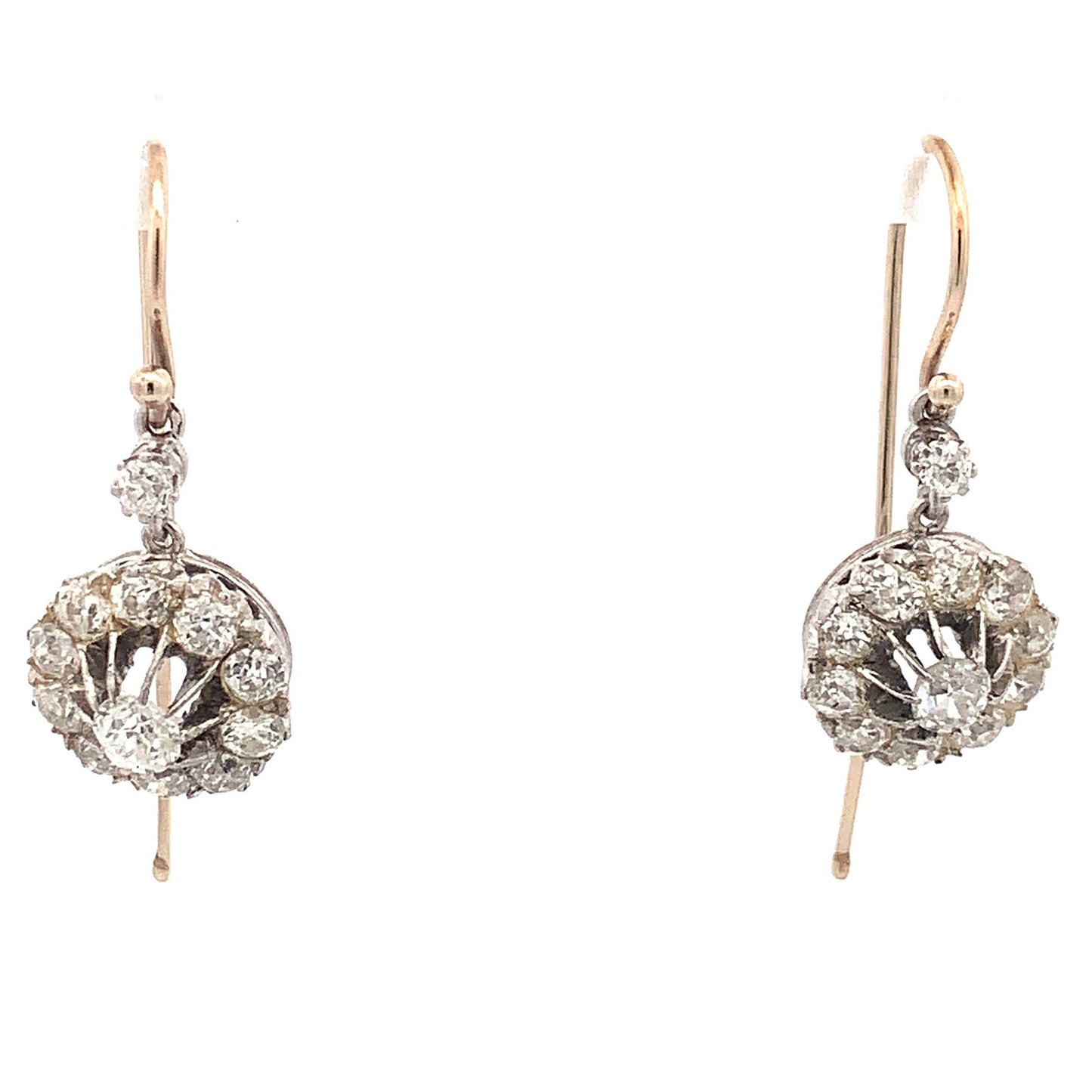 Antique 3 carat Victorian/Edwardian Old European Cut Diamond 18ct White Gold Daisy Cluster Drop Earrings.