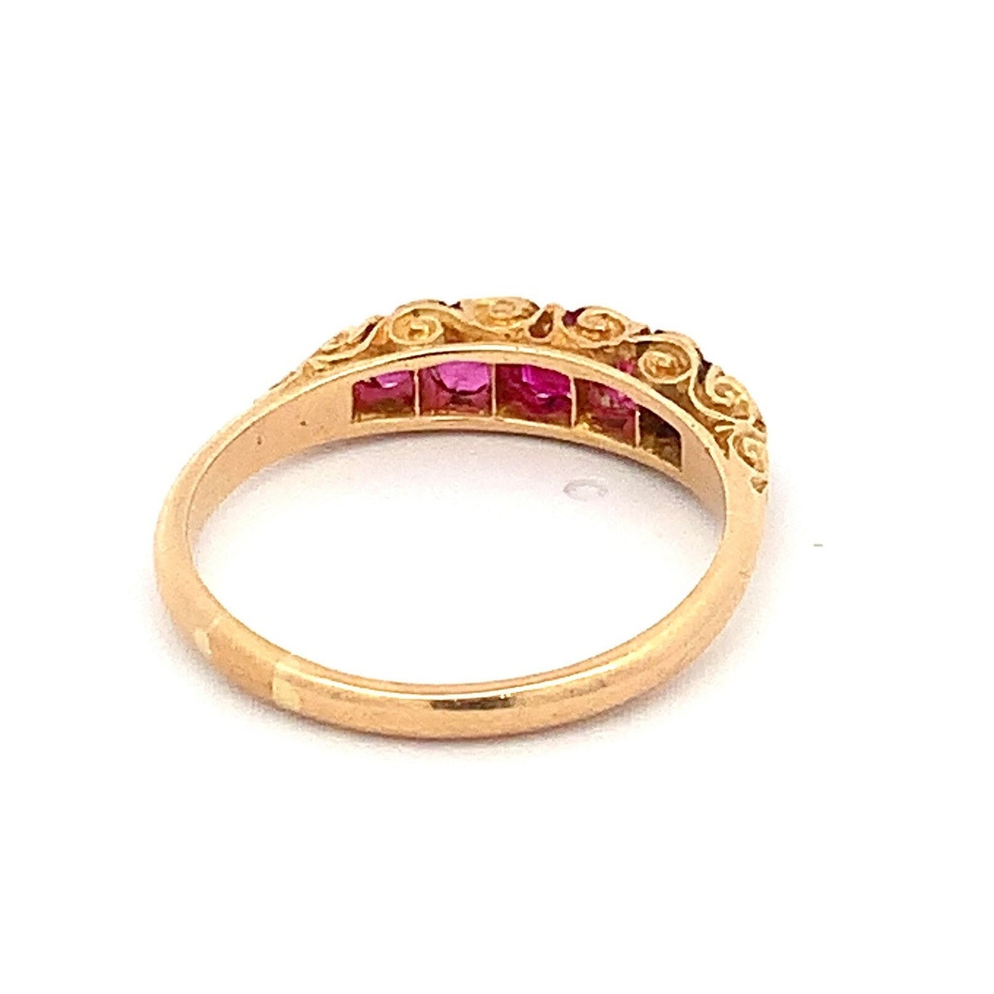 Antique Certificated Natural Ruby and Diamond Carved 5 Stone 18ct Gold Ring. English Hallmarked 1894.
