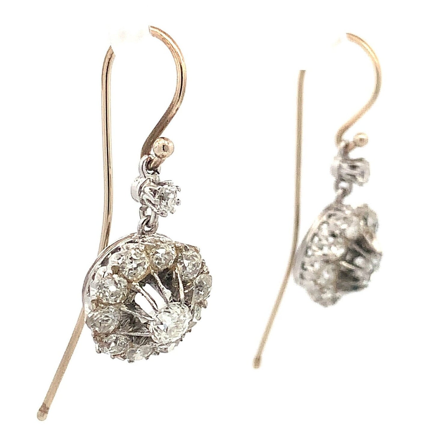 Antique 3 carat Victorian/Edwardian Old European Cut Diamond 18ct White Gold Daisy Cluster Drop Earrings.