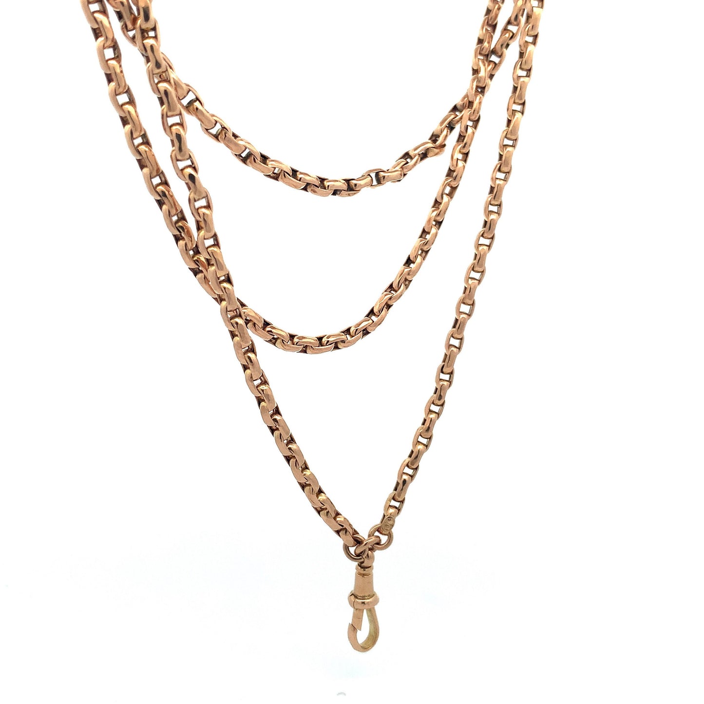 Antique 9ct Rose Gold Guard Chain. Victorian Gold Muff Chain, Long Chain. English Circa 1890. 56 Inches.