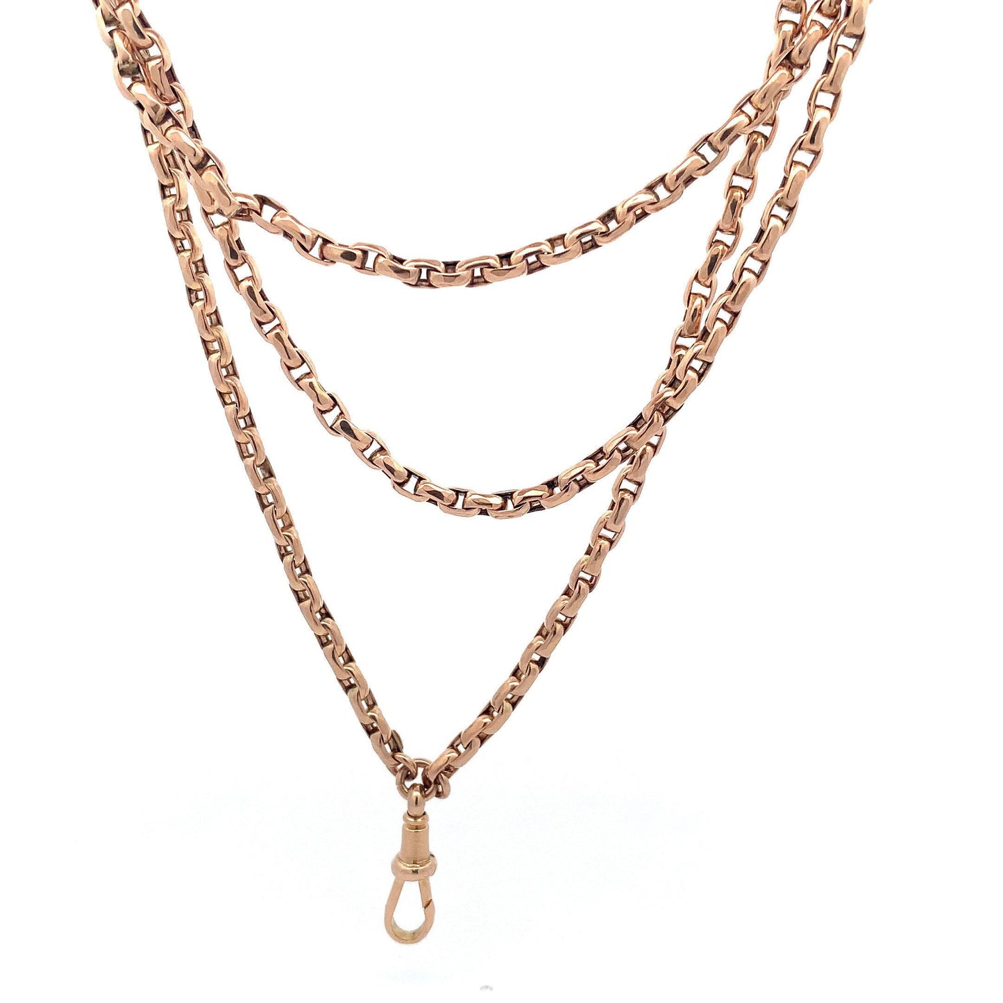 Antique 9ct Rose Gold Guard Chain. Victorian Gold Muff Chain, Long Chain. English Circa 1890. 56 Inches.