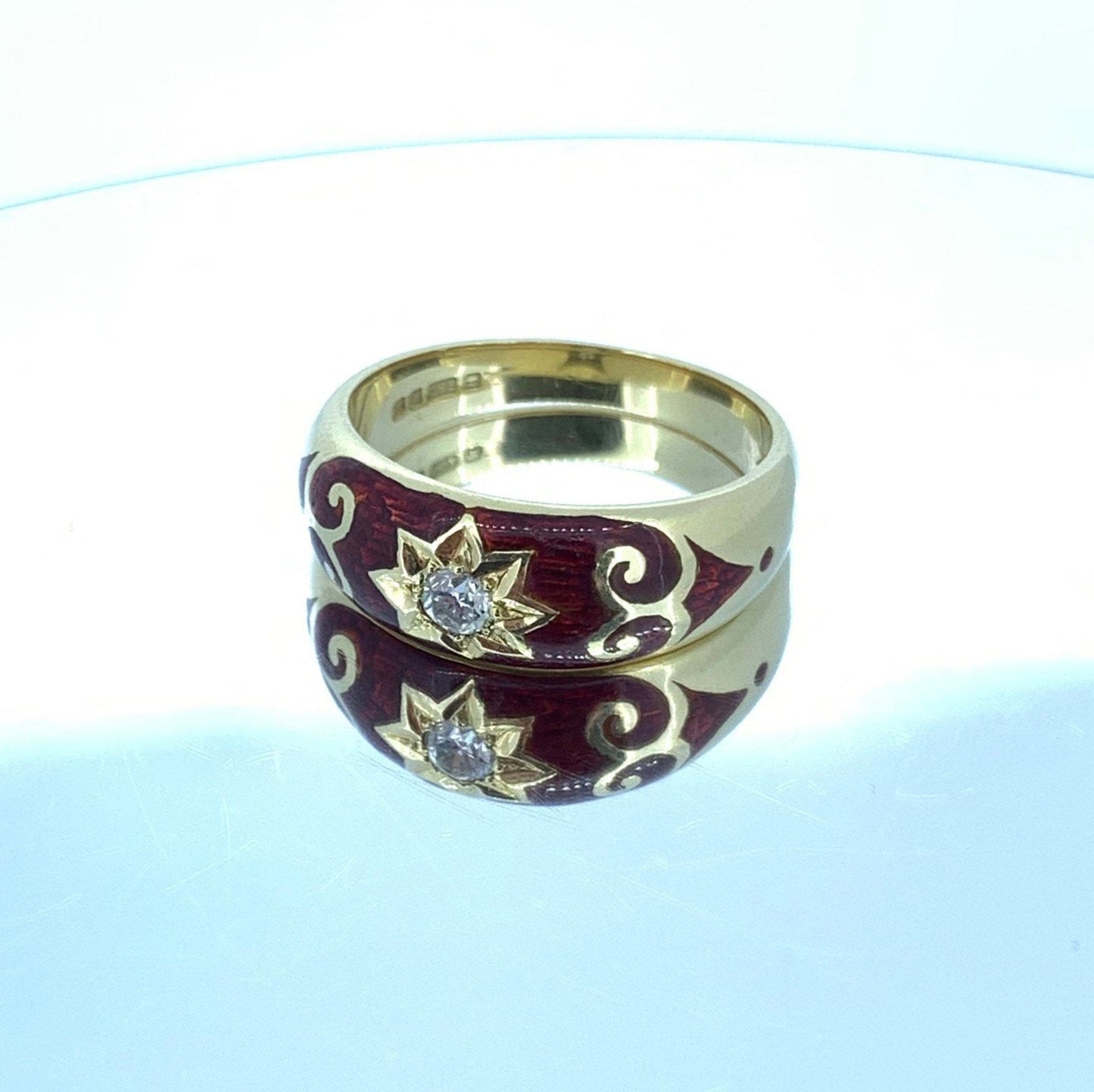 Vintage Diamond and Red Enamel Star Set 18ct Gold Gypsy Ring.  Gypsy Wedding Ring.