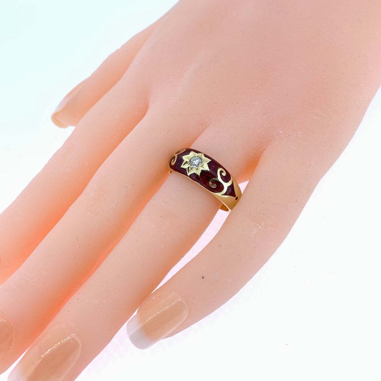 Vintage Diamond and Red Enamel Star Set 18ct Gold Gypsy Ring.  Gypsy Wedding Ring.