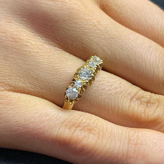 Antique 5 Stone Diamond Ring. Hallmarked 1871. Old Cut European Diamonds. English. 18ct Gold.