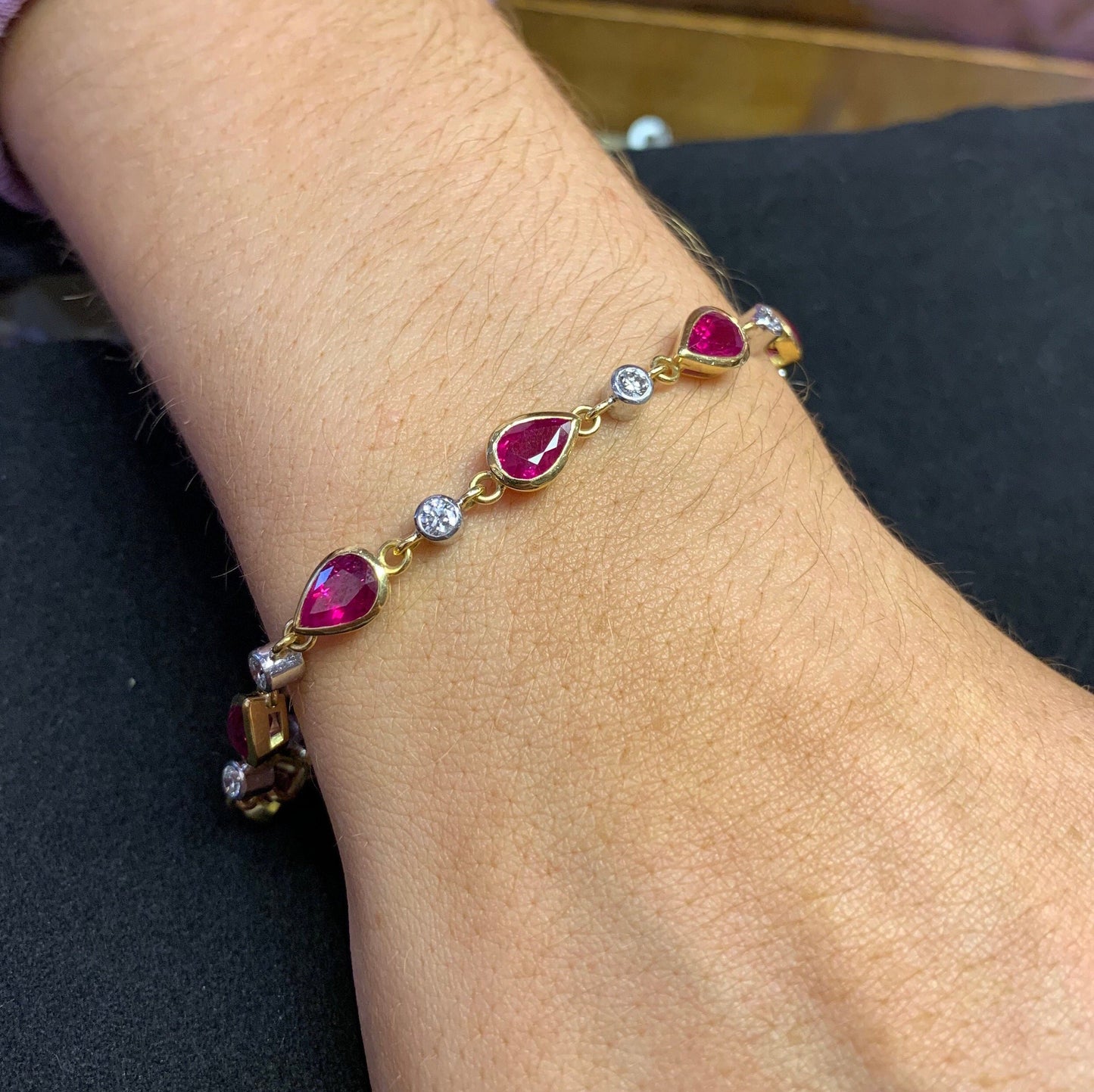 18ct Gold Diamond & Pear Ruby Bracelet, Vintage Fine Jewelry