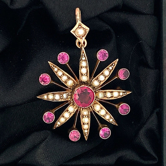 Antique Amethyst and Pearl 9ct Gold Star Pendant / Brooch. English Circa 1900