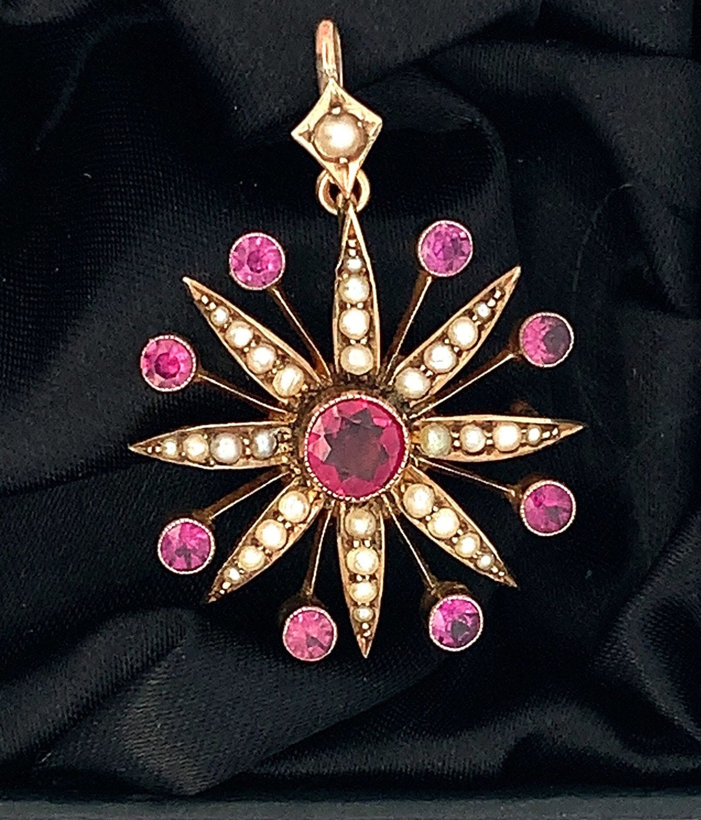 Antique Amethyst and Pearl 9ct Gold Star Pendant / Brooch. English Circa 1900
