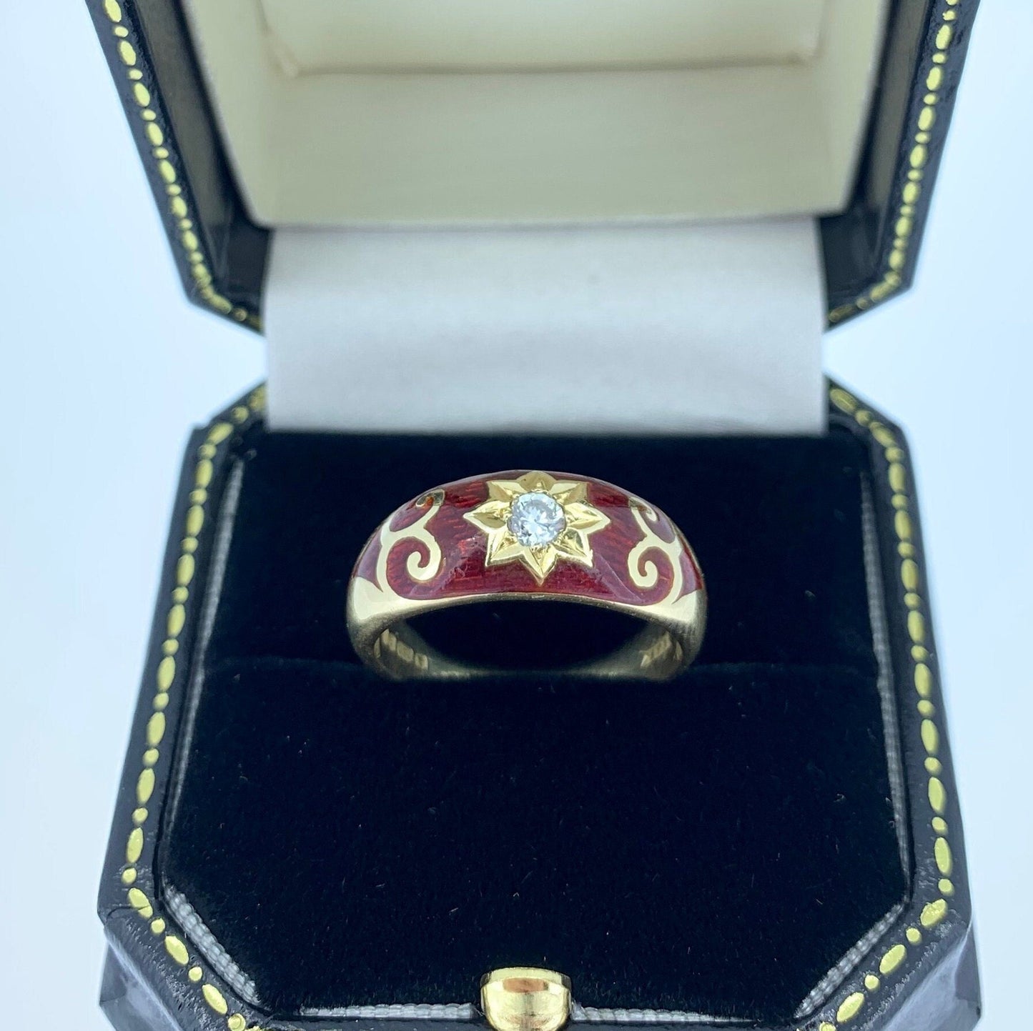Vintage Diamond and Red Enamel Star Set 18ct Gold Gypsy Ring.  Gypsy Wedding Ring.