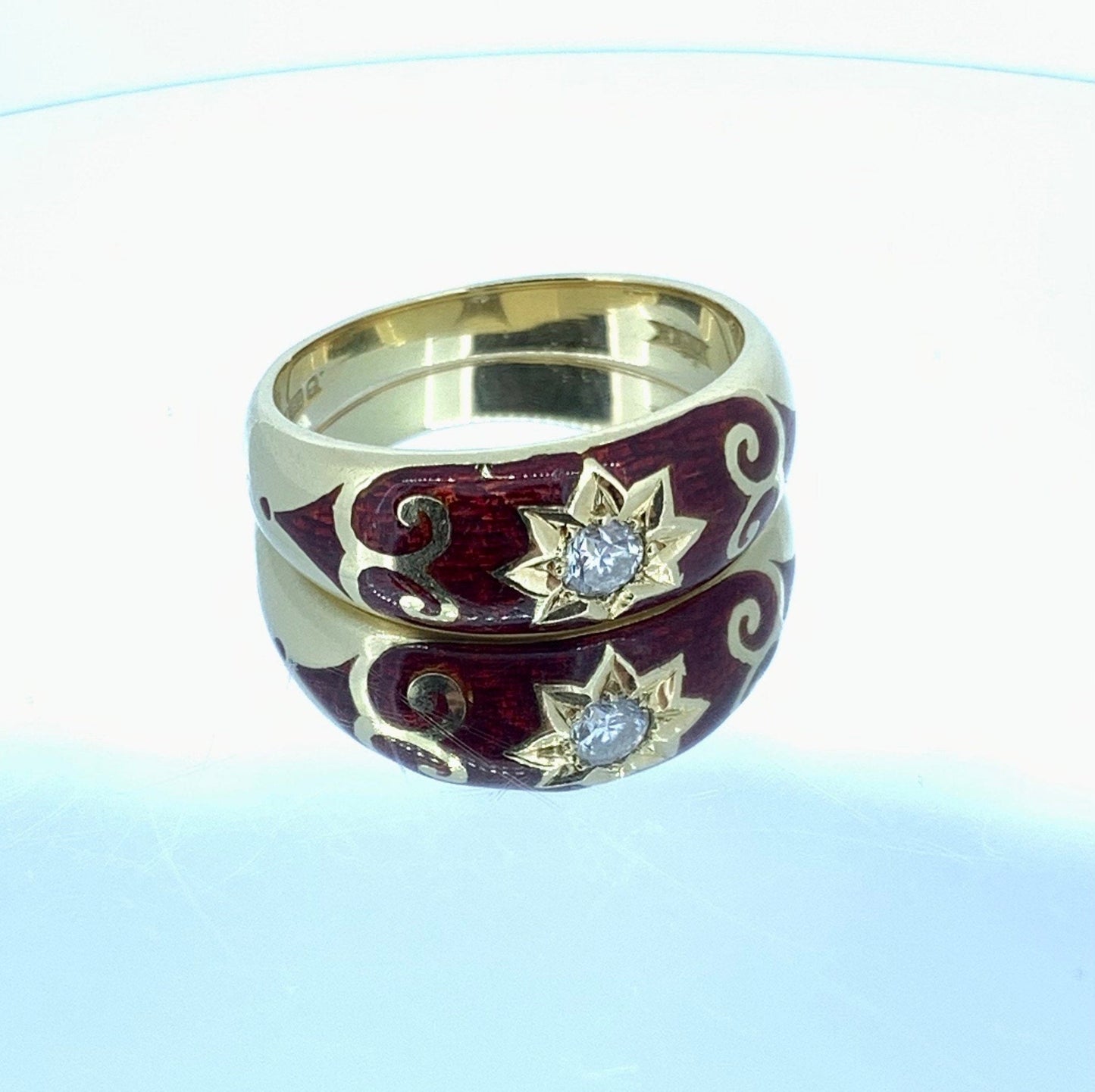 Vintage Diamond and Red Enamel Star Set 18ct Gold Gypsy Ring.  Gypsy Wedding Ring.