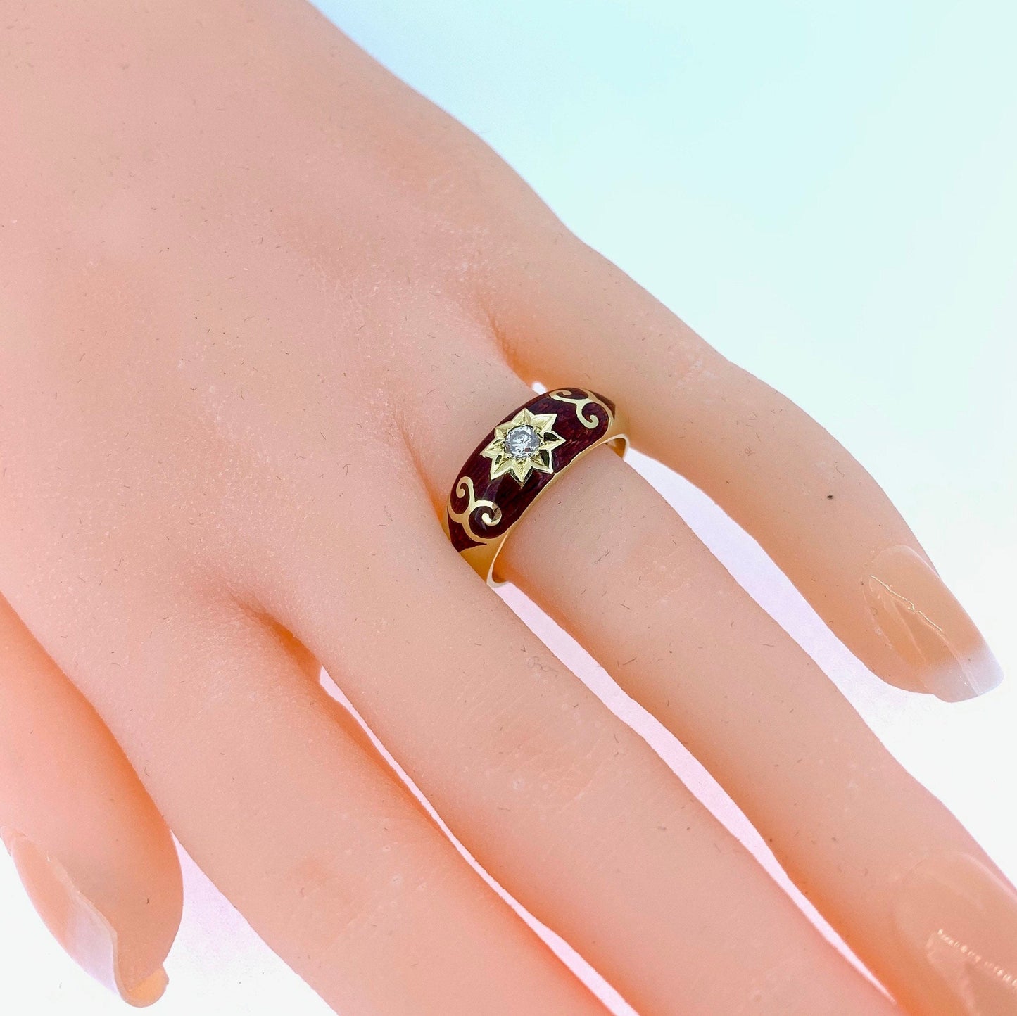 Vintage Diamond and Red Enamel Star Set 18ct Gold Gypsy Ring.  Gypsy Wedding Ring.