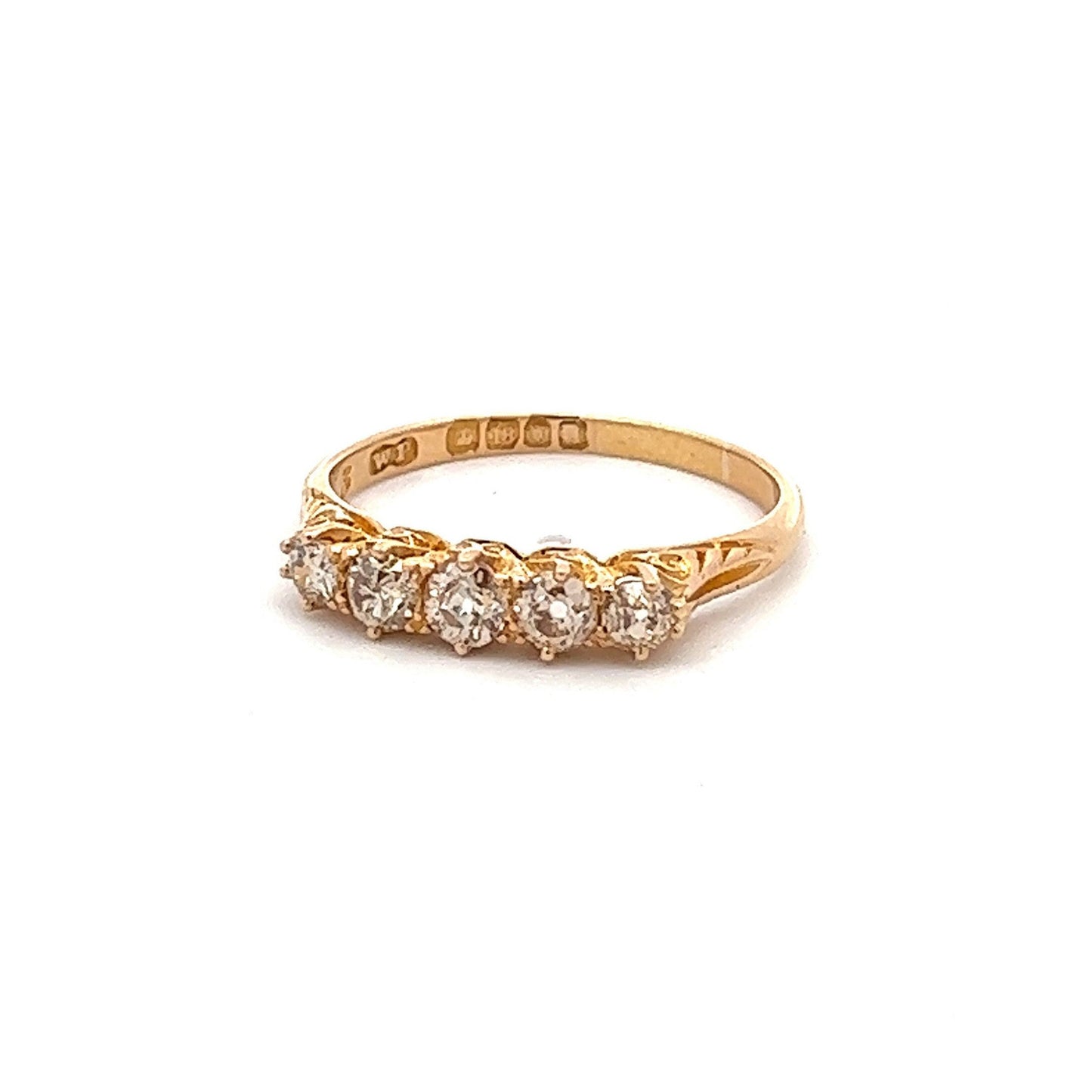 Antique Carved Five Stone Diamond 18ct Gold Ring. English. Hallmarked London 1887. Crisp Example.