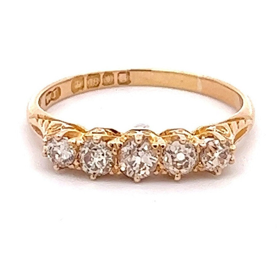 Antique Carved Five Stone Diamond 18ct Gold Ring. English. Hallmarked London 1887. Crisp Example.