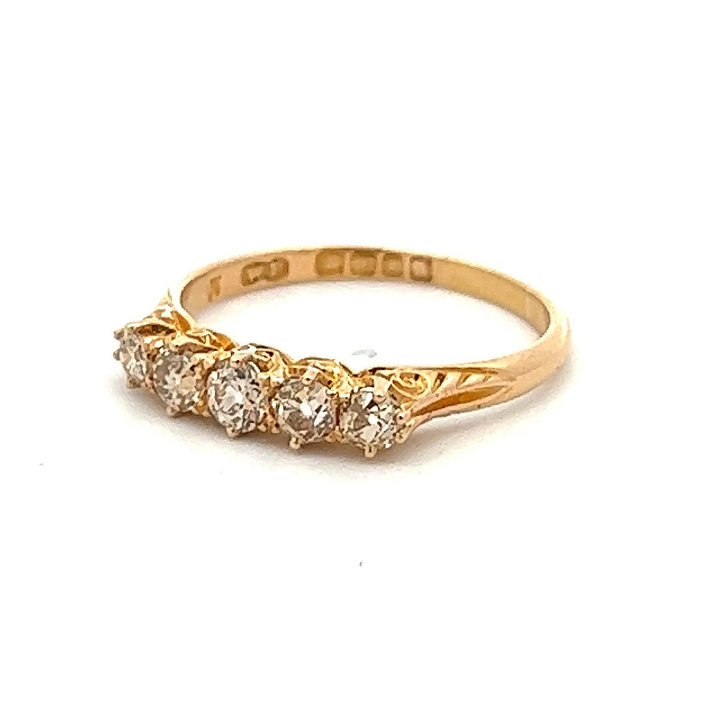 Antique Carved Five Stone Diamond 18ct Gold Ring. English. Hallmarked London 1887. Crisp Example.