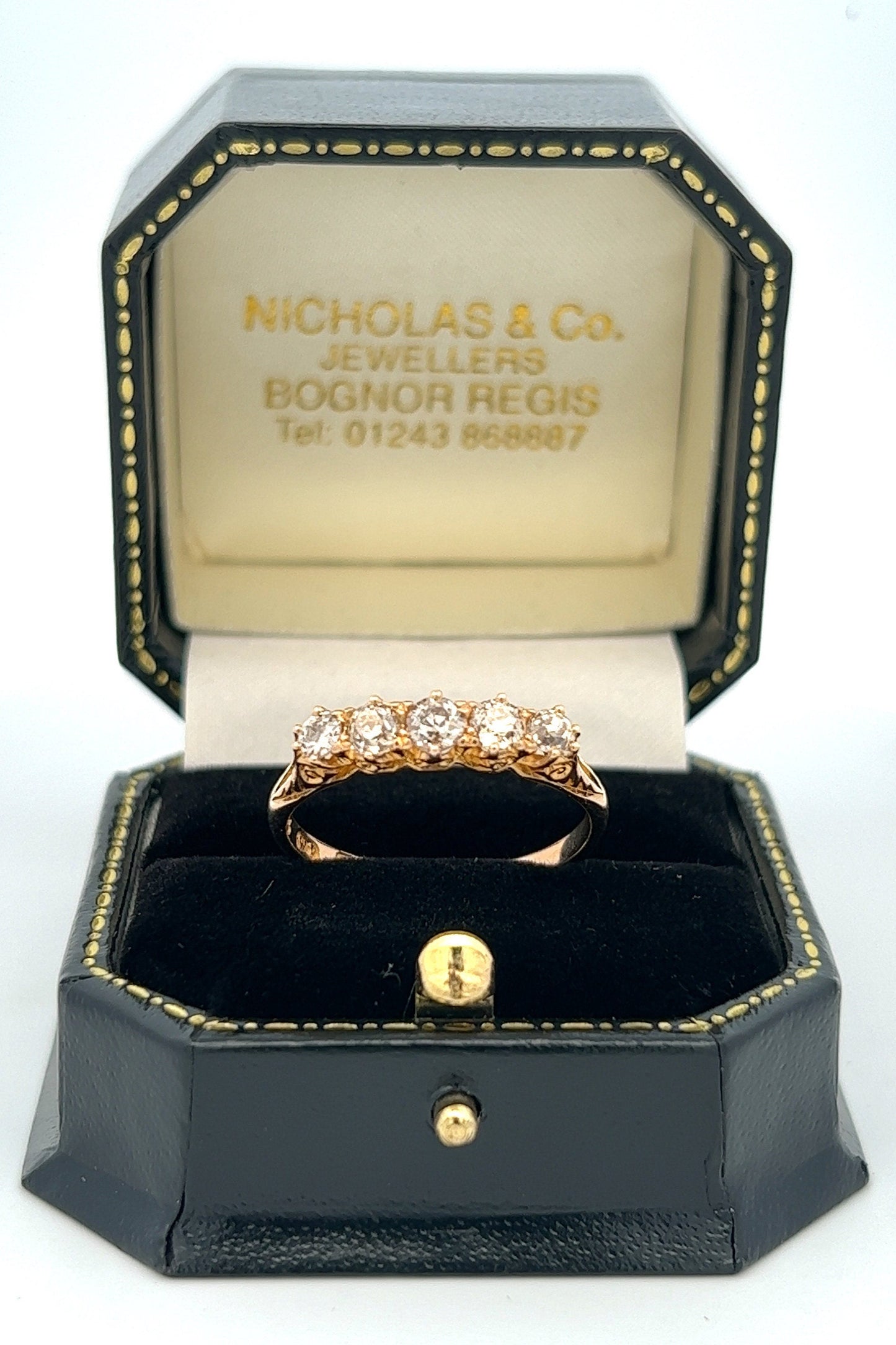 Antique Carved Five Stone Diamond 18ct Gold Ring. English. Hallmarked London 1887. Crisp Example.