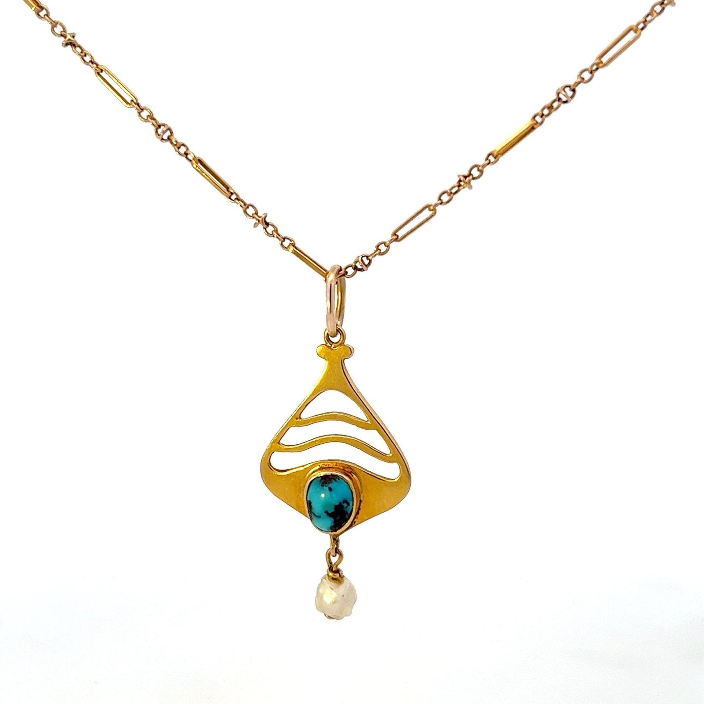 Antique Art Nouveau Murrle Bennett Turquoise Matrix and Natural Pearl 9ct Gold Pendant with original Antique 9ct Gold Fetter Link Chain.