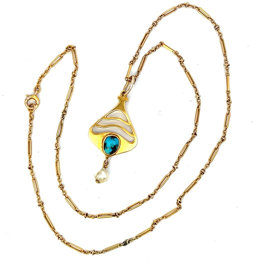 Antique Art Nouveau Murrle Bennett Turquoise Matrix and Natural Pearl 9ct Gold Pendant with original Antique 9ct Gold Fetter Link Chain.