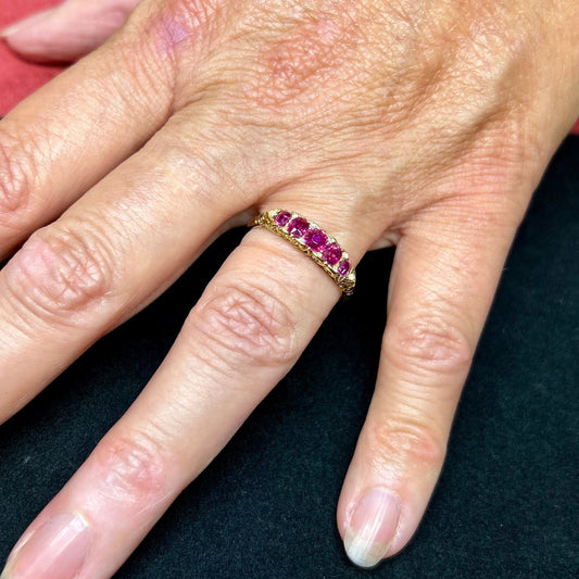 Antique Certificated Natural Ruby and Diamond Carved 5 Stone 18ct Gold Ring. English Hallmarked 1894.