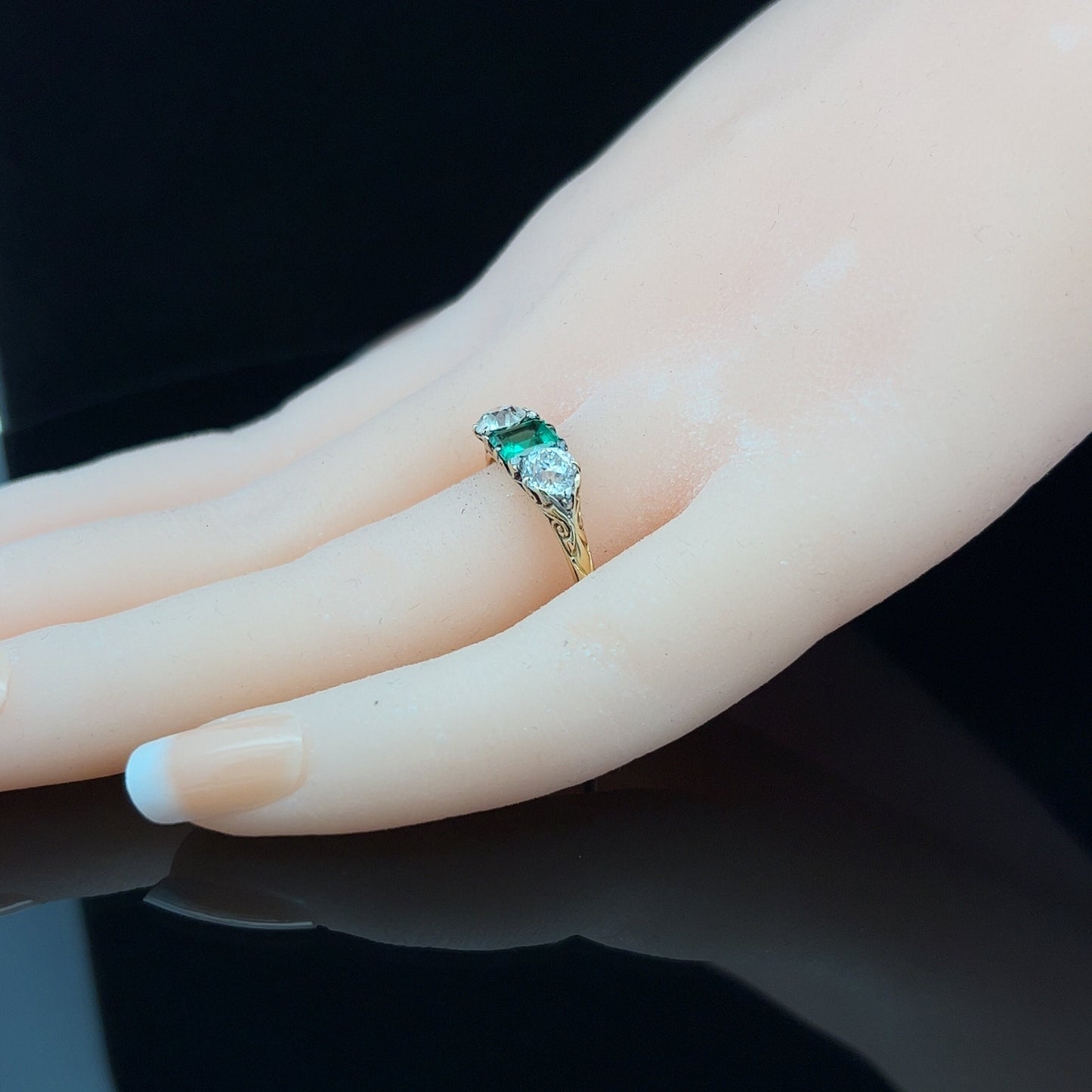 Antique Certificated Colombian Emerald and Diamond 18ct Gold Carved Ring. English Hallmarked 1899.