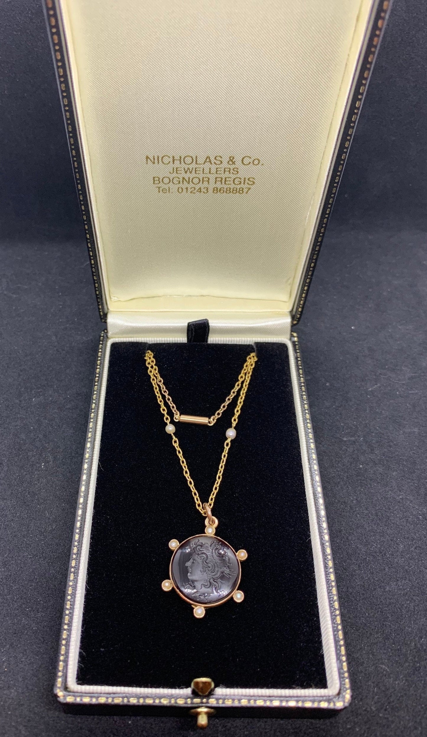 Antique Carved Intaglio Pendant. 9ct Gold & Pearl Chain. 'Ceres'  Goddess of Agriculture, Fertility And Motherly Relationships. 1890-1900.