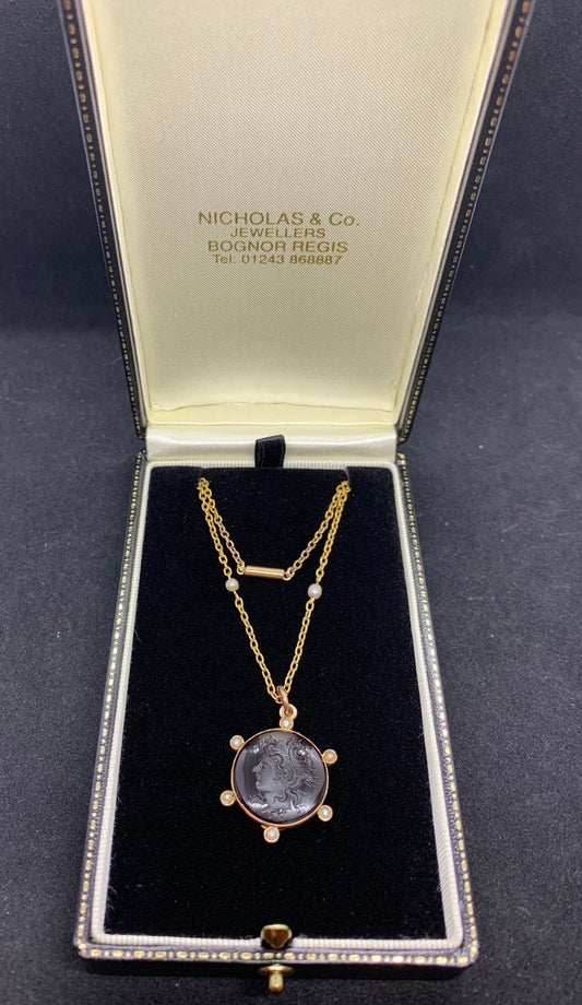 Antique Carved Intaglio Pendant. 9ct Gold & Pearl Chain. 'Ceres'  Goddess of Agriculture, Fertility And Motherly Relationships. 1890-1900.