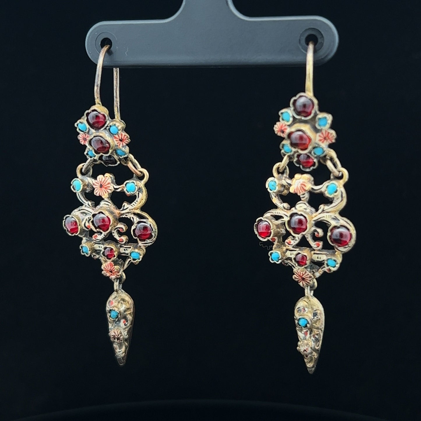 Antique Austro-Hungarian 'Renaissance Revival' Turquoise and Garnet Earring and Cross Suite in Original  Case. Rare.