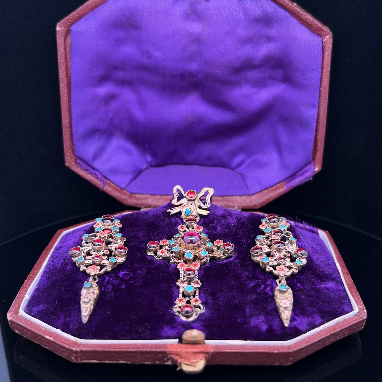 Antique Austro-Hungarian 'Renaissance Revival' Turquoise and Garnet Earring and Cross Suite in Original  Case. Rare.