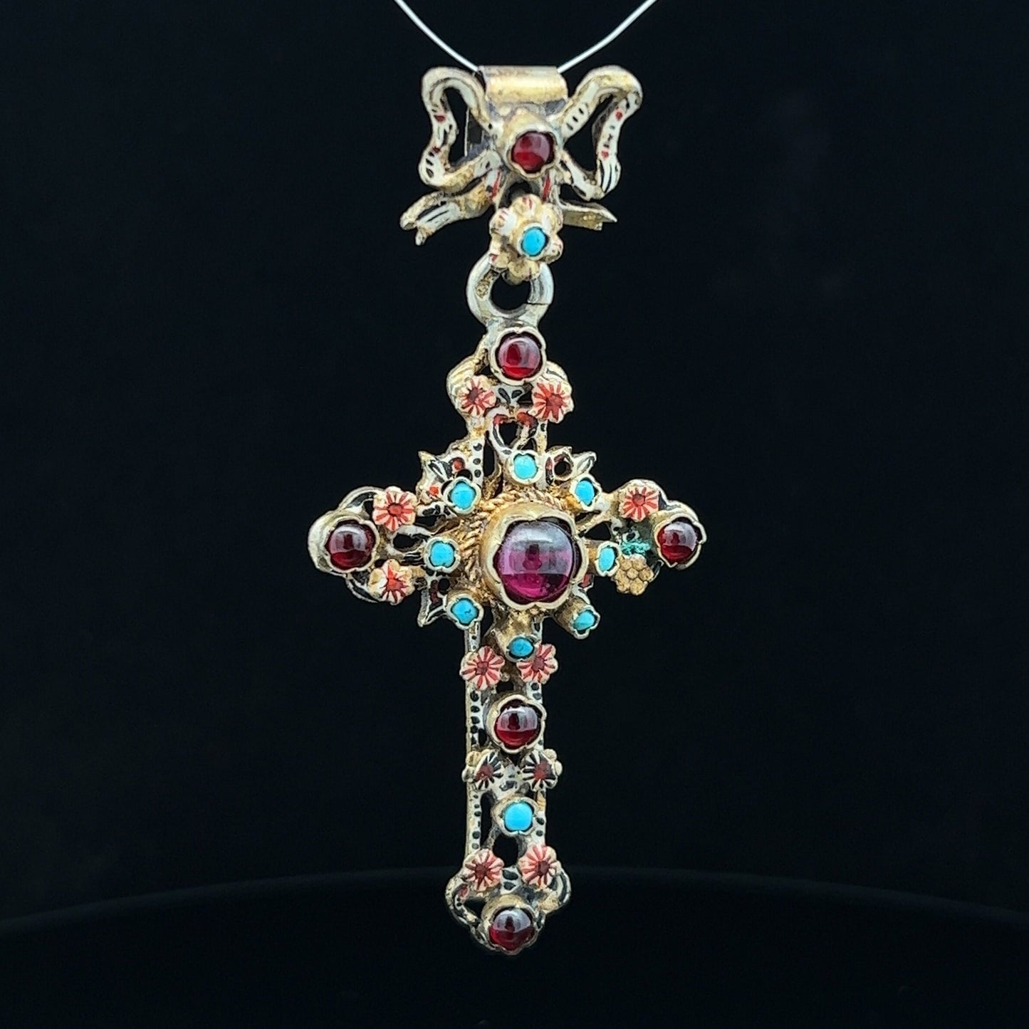 Antique Austro-Hungarian 'Renaissance Revival' Turquoise and Garnet Earring and Cross Suite in Original  Case. Rare.