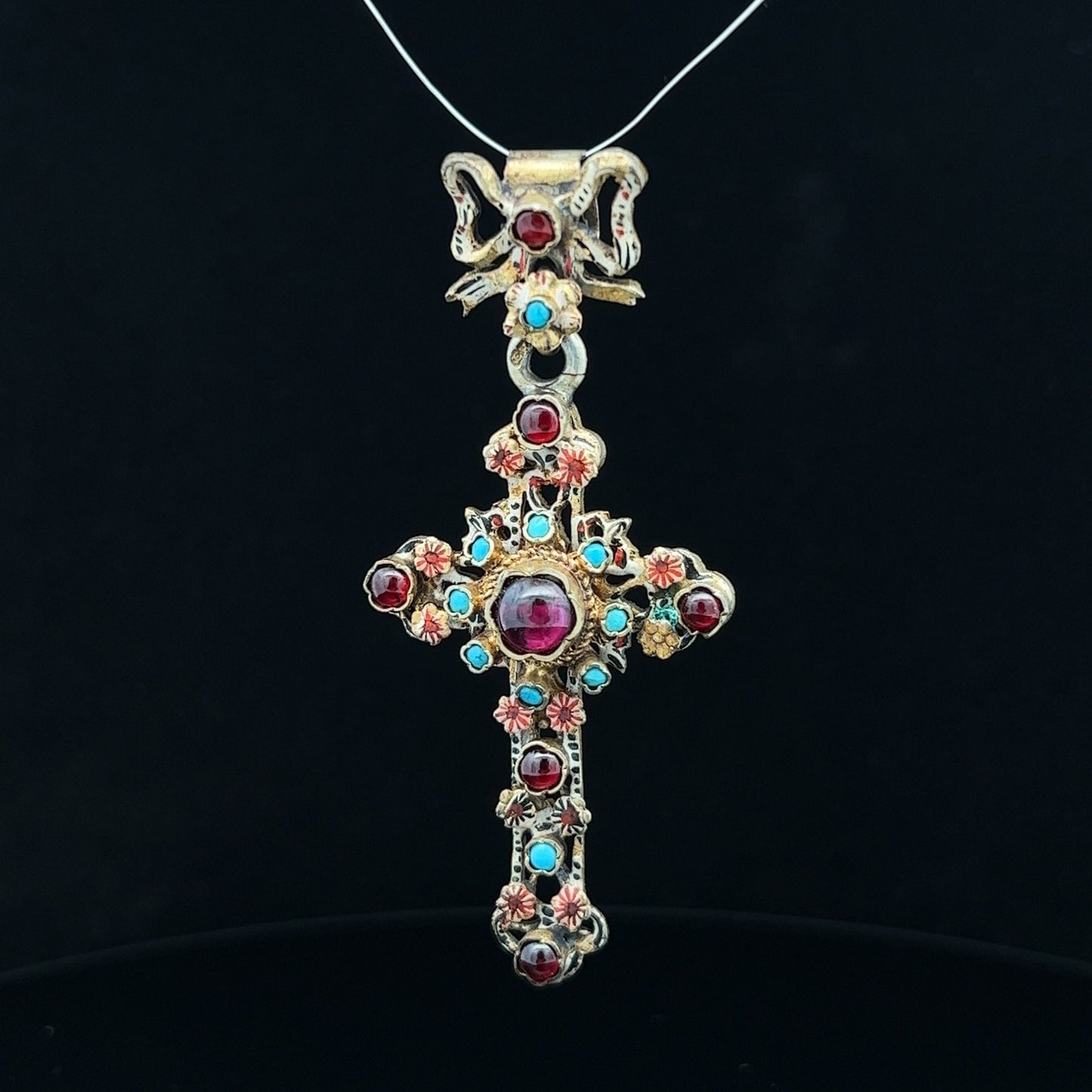 Antique Austro-Hungarian 'Renaissance Revival' Turquoise and Garnet Earring and Cross Suite in Original  Case. Rare.
