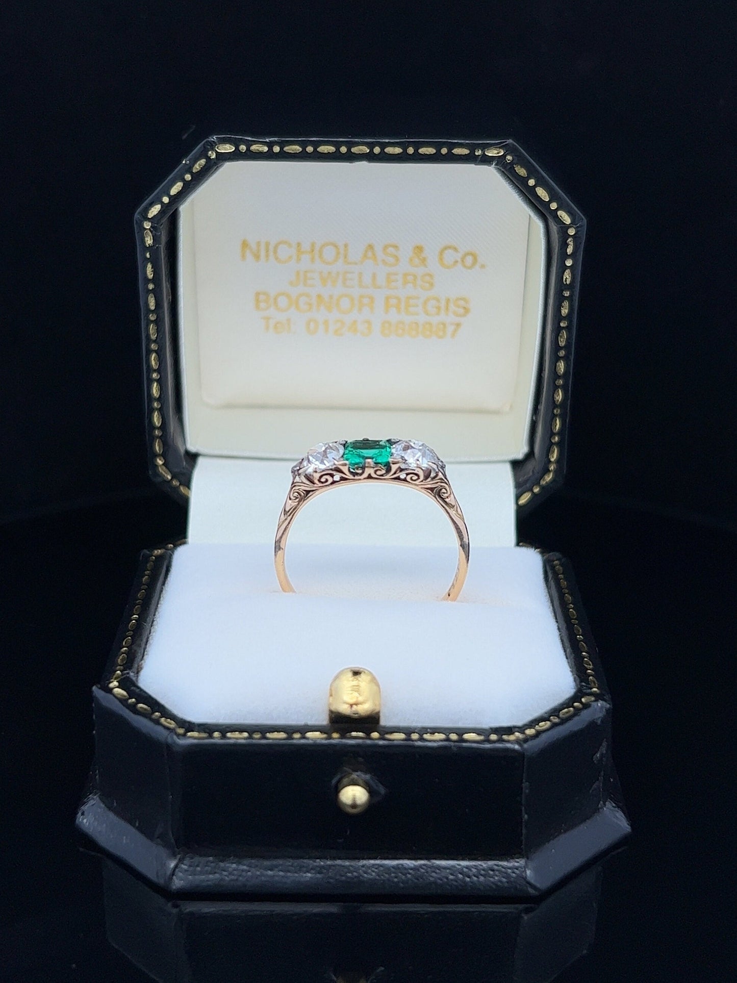 Antique Certificated Colombian Emerald and Diamond 18ct Gold Carved Ring. English Hallmarked 1899.
