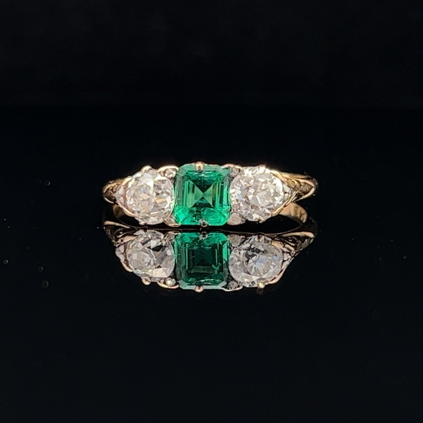 Antique Certificated Colombian Emerald and Diamond 18ct Gold Carved Ring. English Hallmarked 1899.