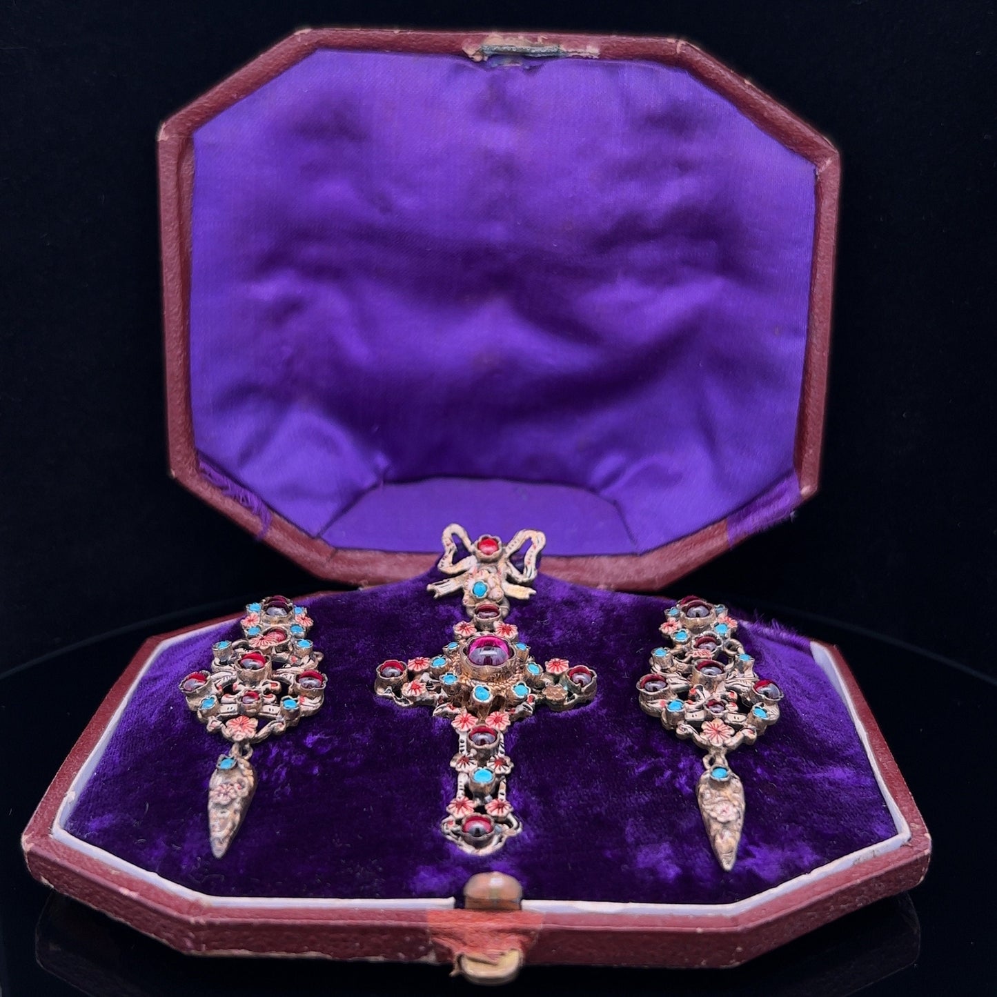 Antique Austro-Hungarian 'Renaissance Revival' Turquoise and Garnet Earring and Cross Suite in Original  Case. Rare.