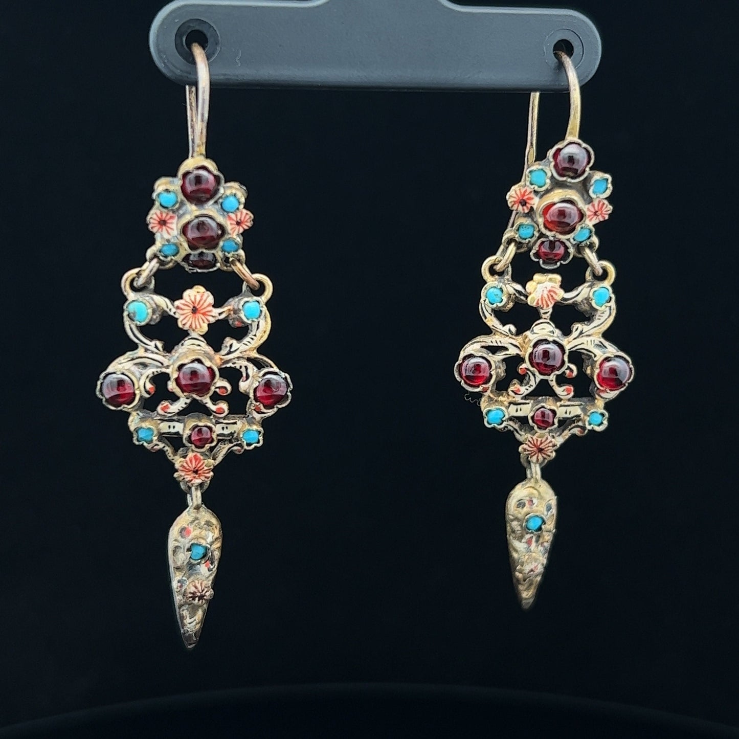 Antique Austro-Hungarian 'Renaissance Revival' Turquoise and Garnet Earring and Cross Suite in Original  Case. Rare.