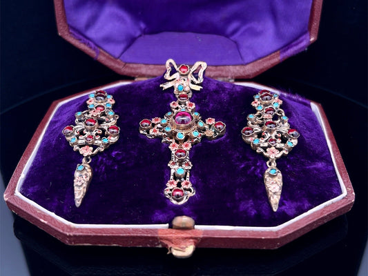 Antique Austro-Hungarian 'Renaissance Revival' Turquoise and Garnet Earring and Cross Suite in Original  Case. Rare.