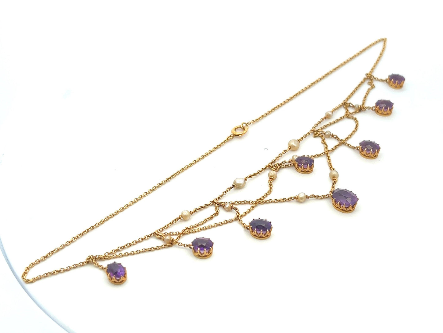 Antique Art Nouveau Amethyst and Seed Pearl 15ct Gold Fringe / Festoon Necklace. Arts & Crafts. Circa 1905