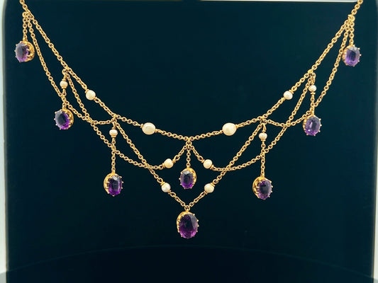 Antique Art Nouveau Amethyst and Seed Pearl 15ct Gold Fringe / Festoon Necklace. Arts & Crafts. Circa 1905