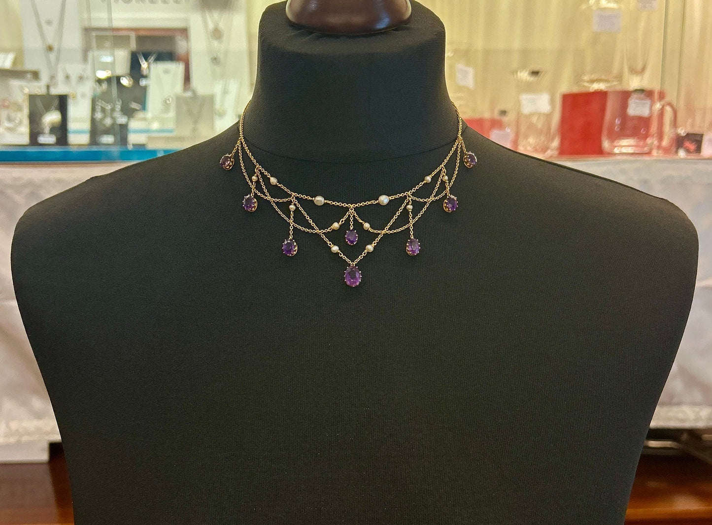 Antique Art Nouveau Amethyst and Seed Pearl 15ct Gold Fringe / Festoon Necklace. Arts & Crafts. Circa 1905