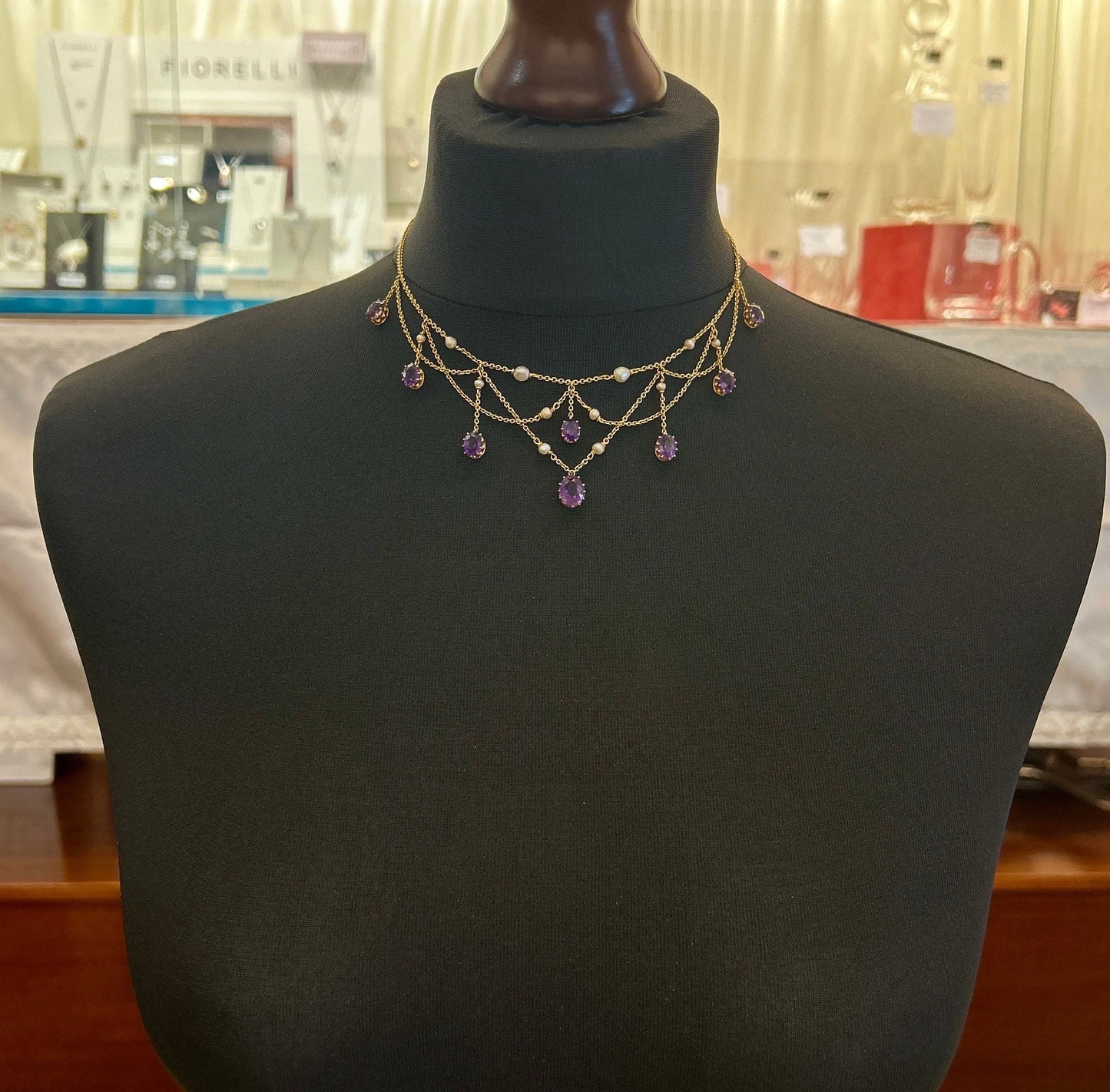 Antique Art Nouveau Amethyst and Seed Pearl 15ct Gold Fringe / Festoon Necklace. Arts & Crafts. Circa 1905